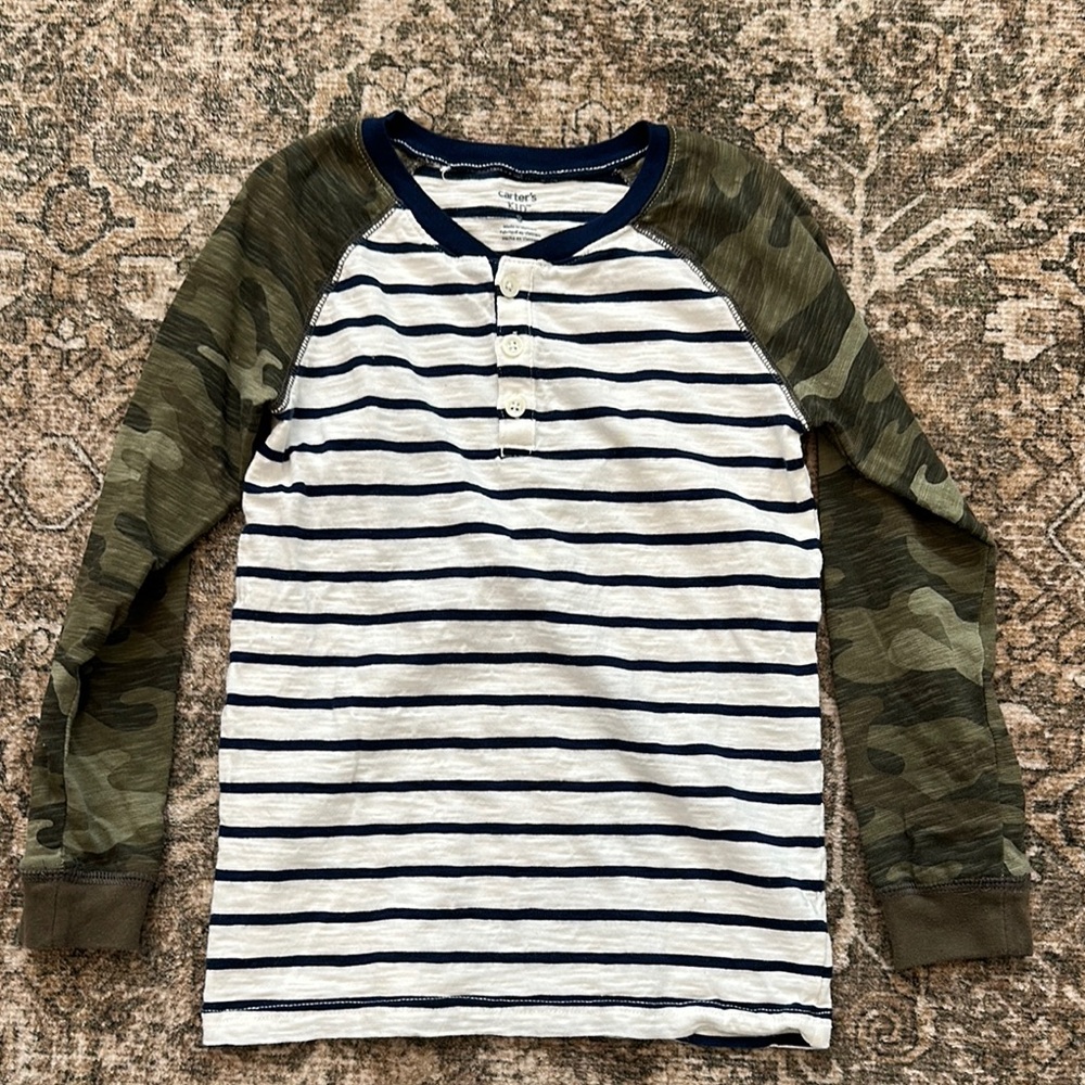 Carters size 8 Striped Kids Shirt with Camouflage Sleeves